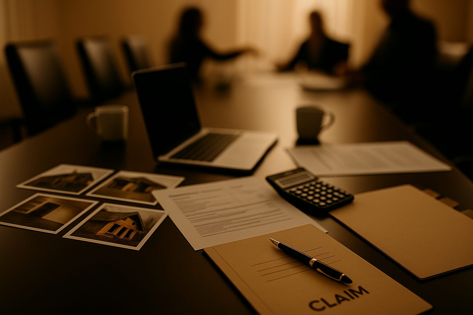 Claim photographs and documents laid out for a detailed file review
